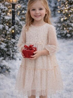 H&M Cream Sparkle Tiered Mesh Dress. Size 7. Princess Holiday. Festive.